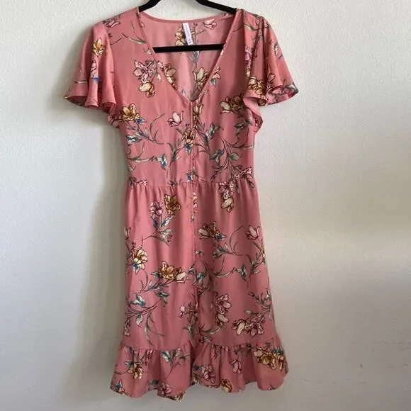 Xhilaration Women's Floral Print Short Sleeve V-Neck Button-Down Dress M pink - Picture 2 of 12